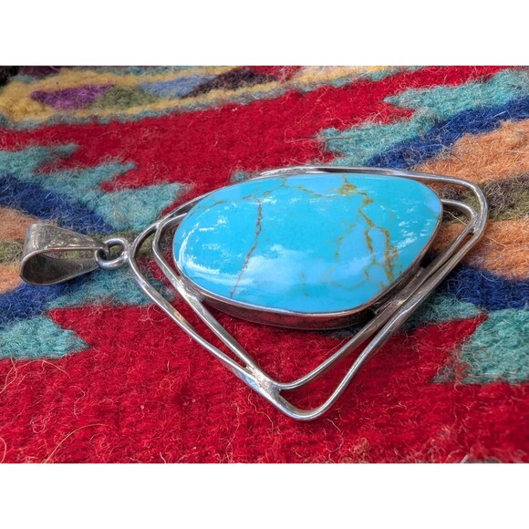 Vintage Large Turquoise Blue Pendant: Mexico Taxco Necklace - Picture 7 of 11